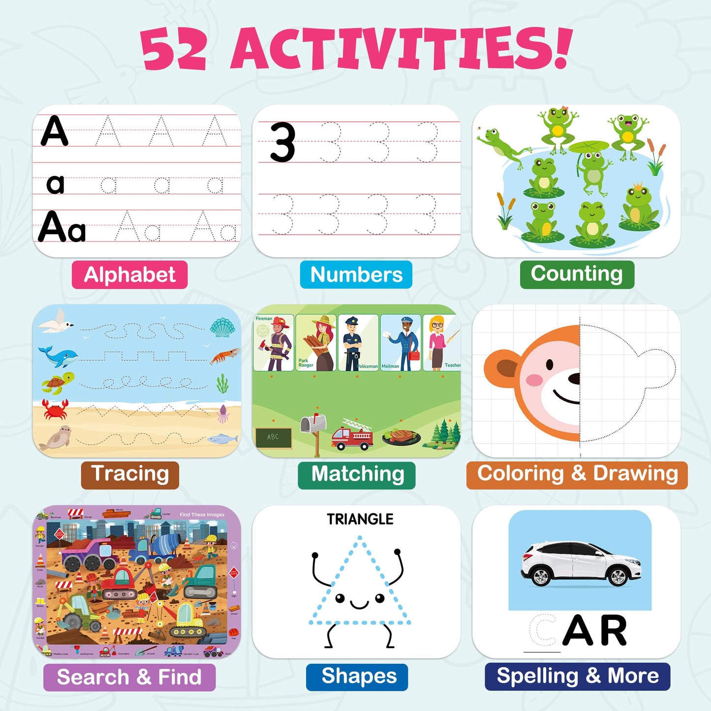 BenBen toddler writing practice book open displaying reusable dry erase alphabet sheets.