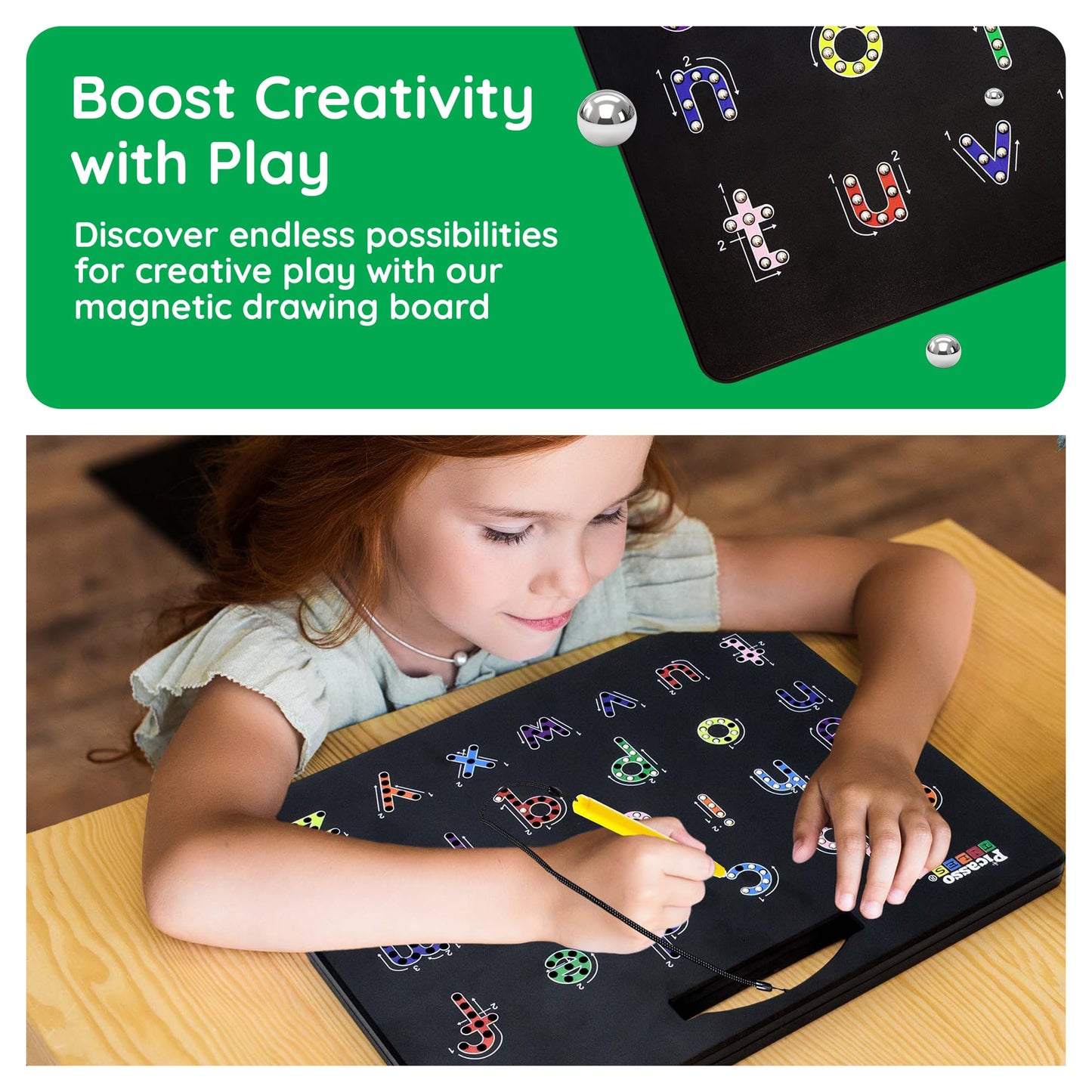 Side profile of the lightweight PicassoTiles black magnetic drawing toy showcasing the integrated stylus storage slot