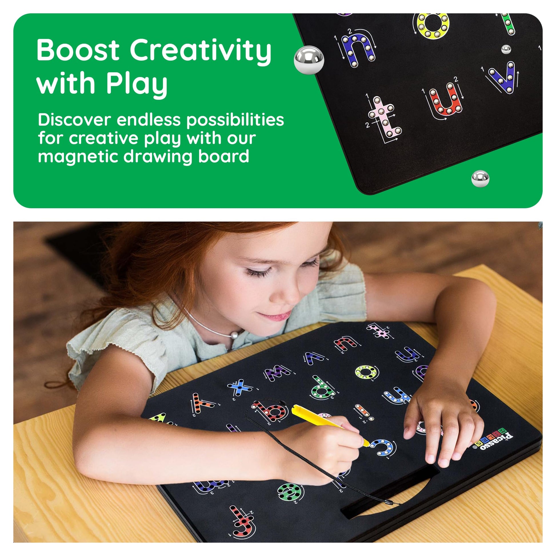 Side profile of the lightweight PicassoTiles black magnetic drawing toy showcasing the integrated stylus storage slot