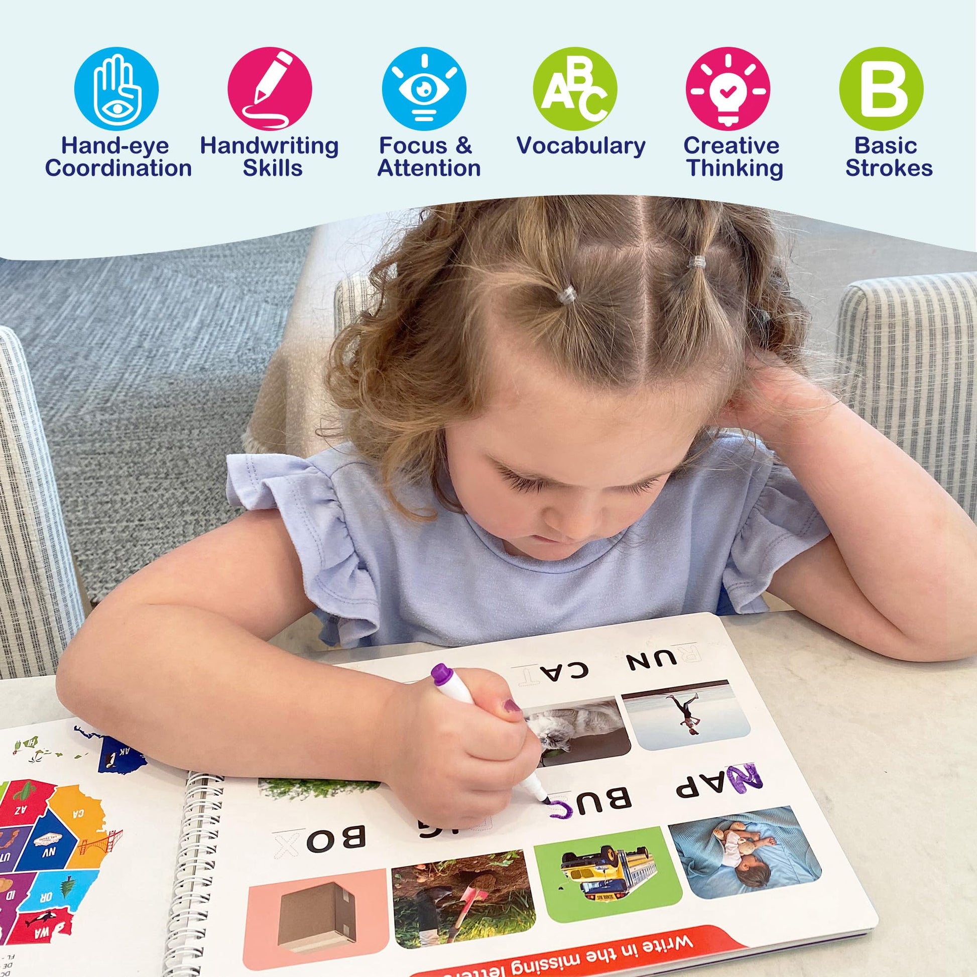 BenBen pre k learning binder displaying counting and number tracing activities.