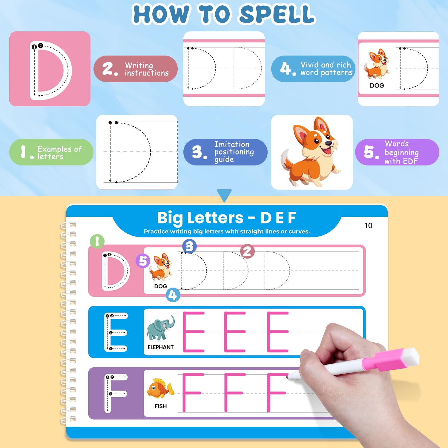 Justification LeftBC reusable preschool workbook open to the number tracing and ladybug counting logic page.