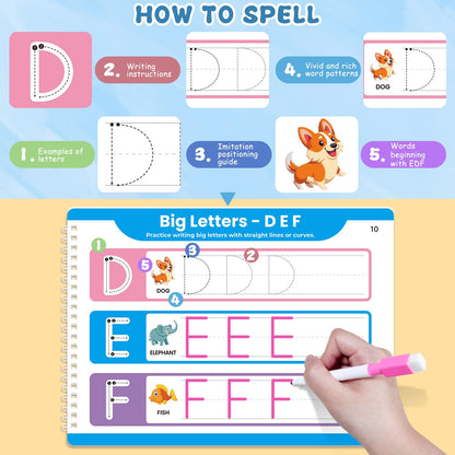 Justification LeftBC reusable preschool workbook open to the number tracing and ladybug counting logic page.