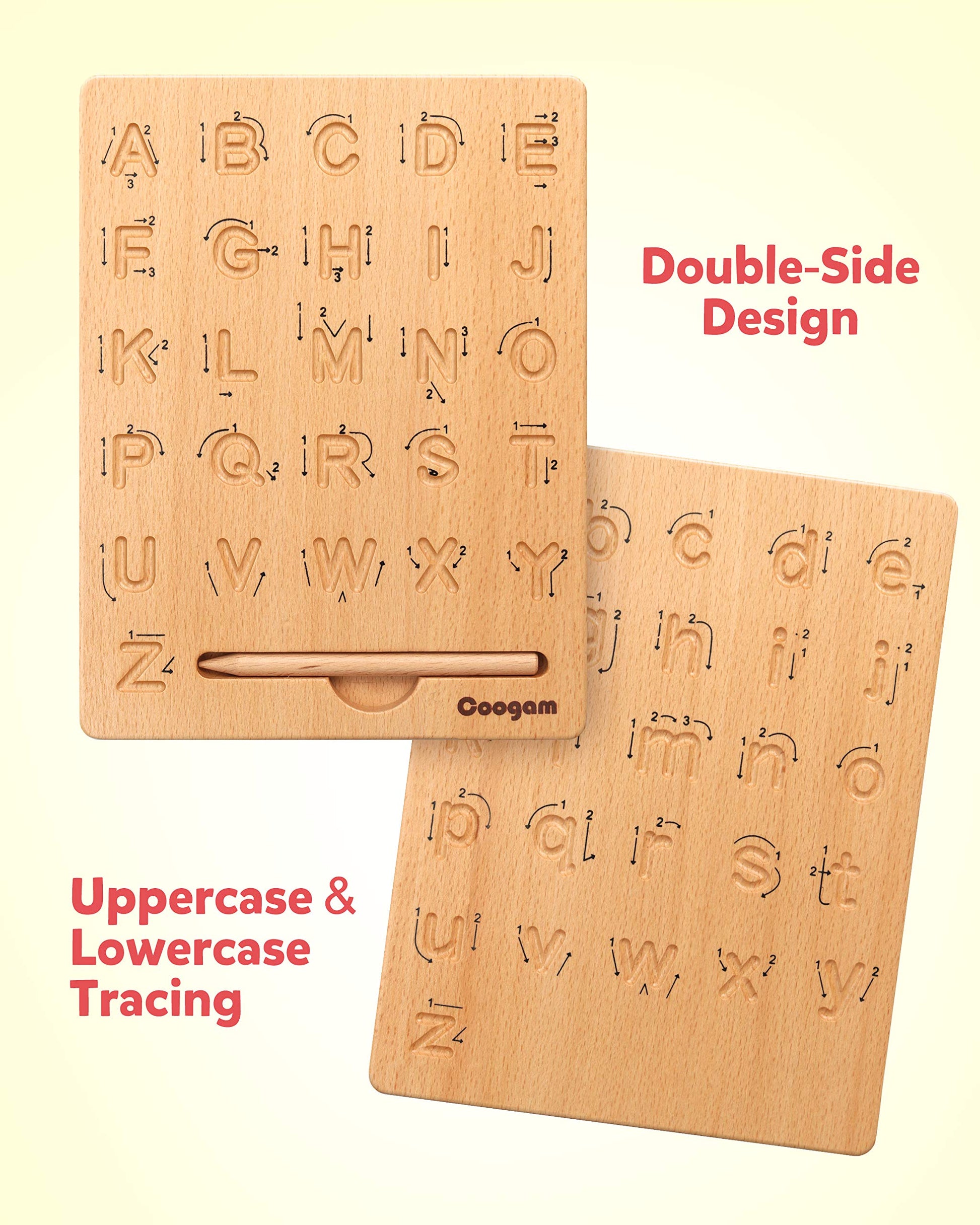 Coogam alphabet tracing tool reverse side featuring lowercase letters and directional arrows