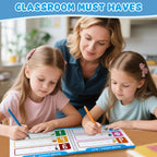 Justification LeftBC wipe clean preschool handwriting practice book back cover displaying activity options.