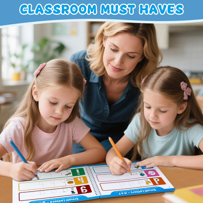 Justification LeftBC wipe clean preschool handwriting practice book back cover displaying activity options.