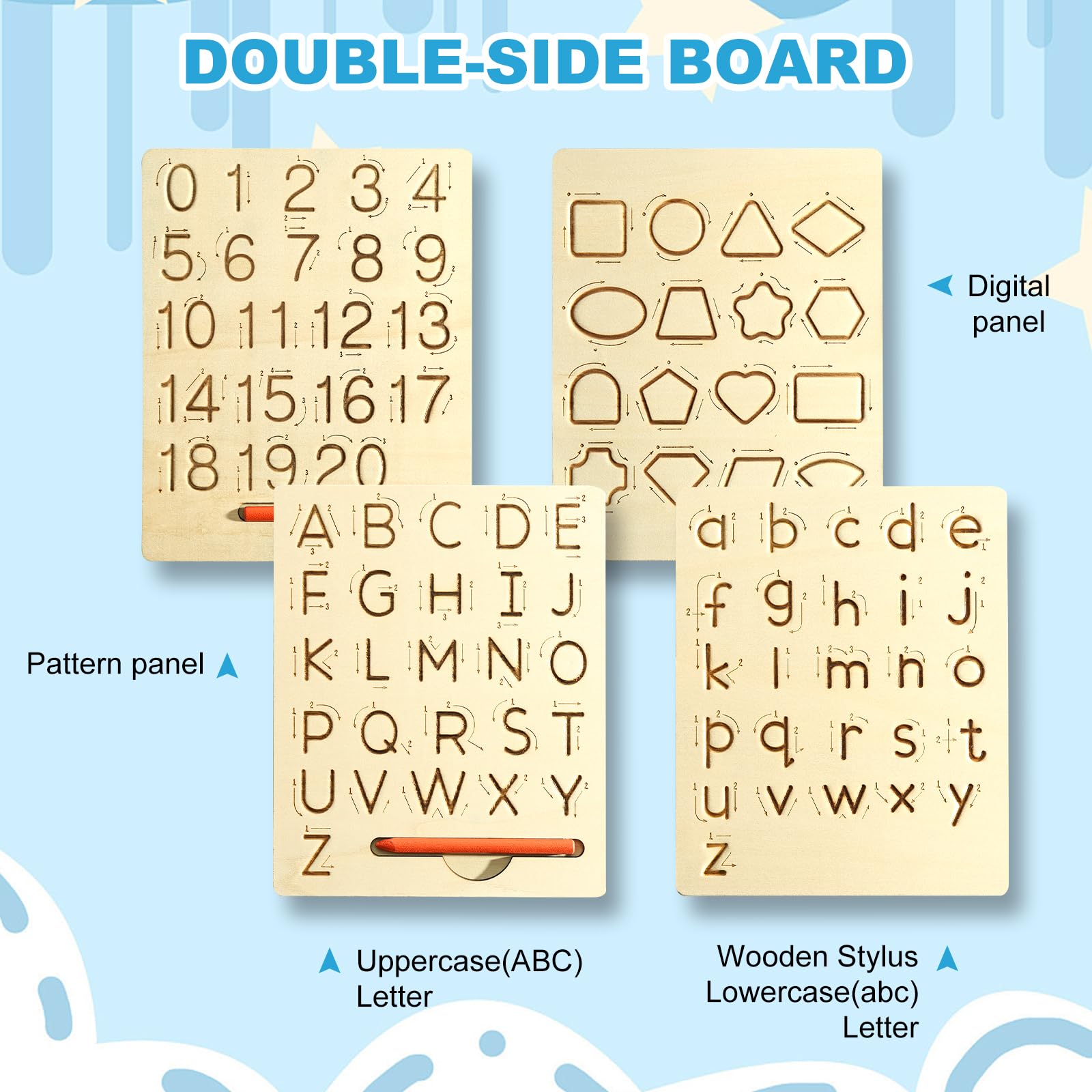 Hzsshb Montessori writing tool double sided layout displaying lowercase alphabet figures