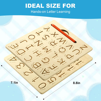 Toddler using the wooden stylus on the Hzsshb counting and geometry tracing panel