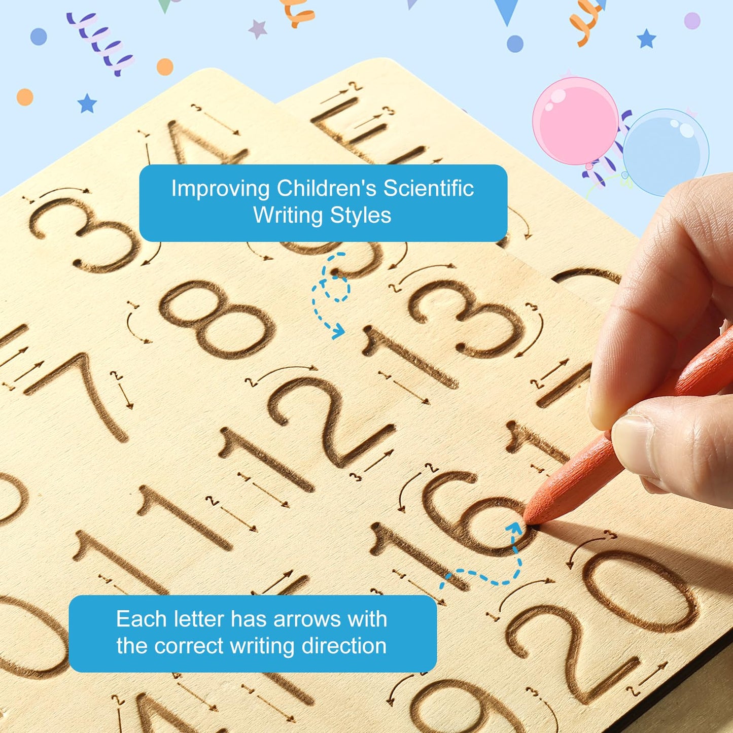 Close up view of the engraved directional stroke arrows on Hzsshb learning boards