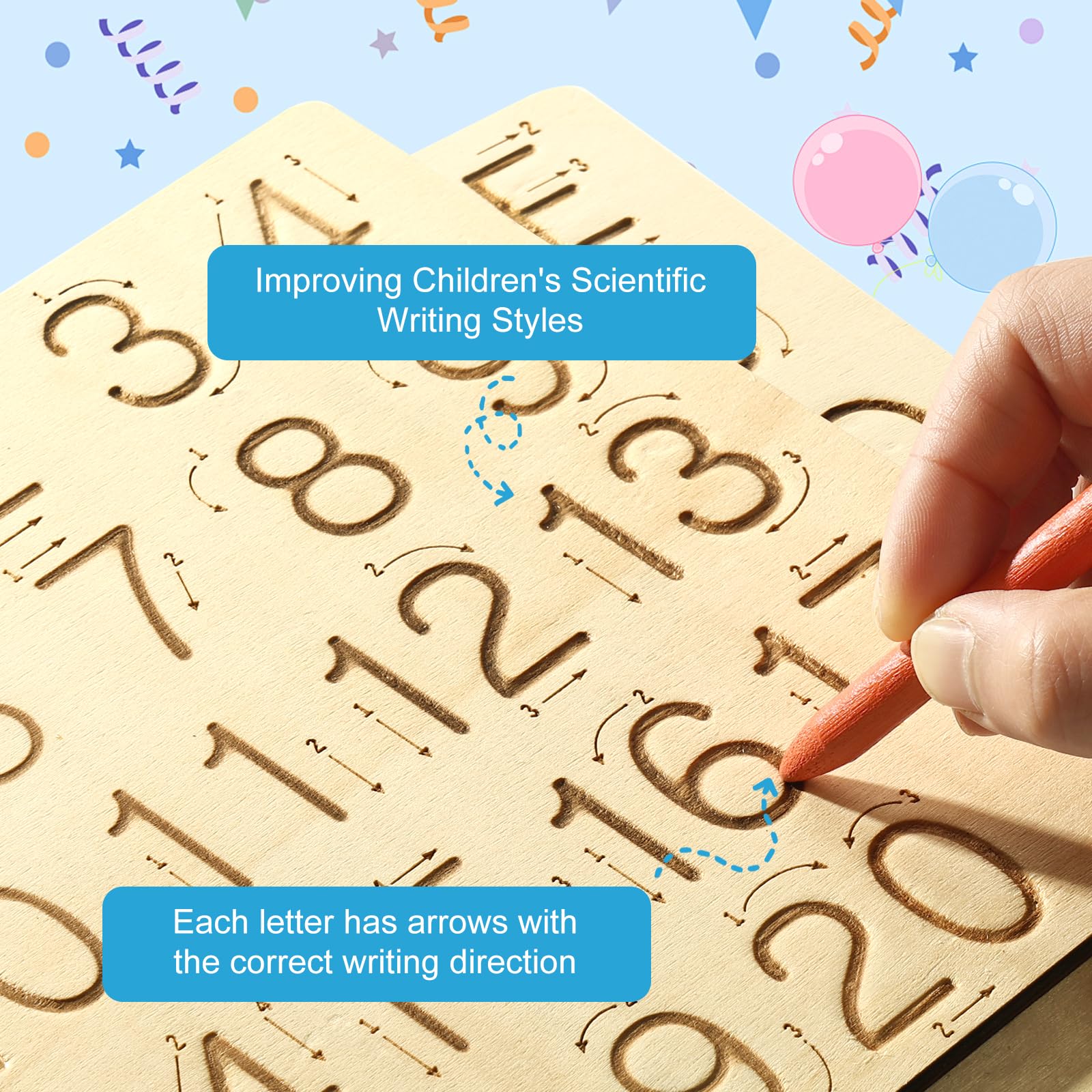 Close up view of the engraved directional stroke arrows on Hzsshb learning boards
