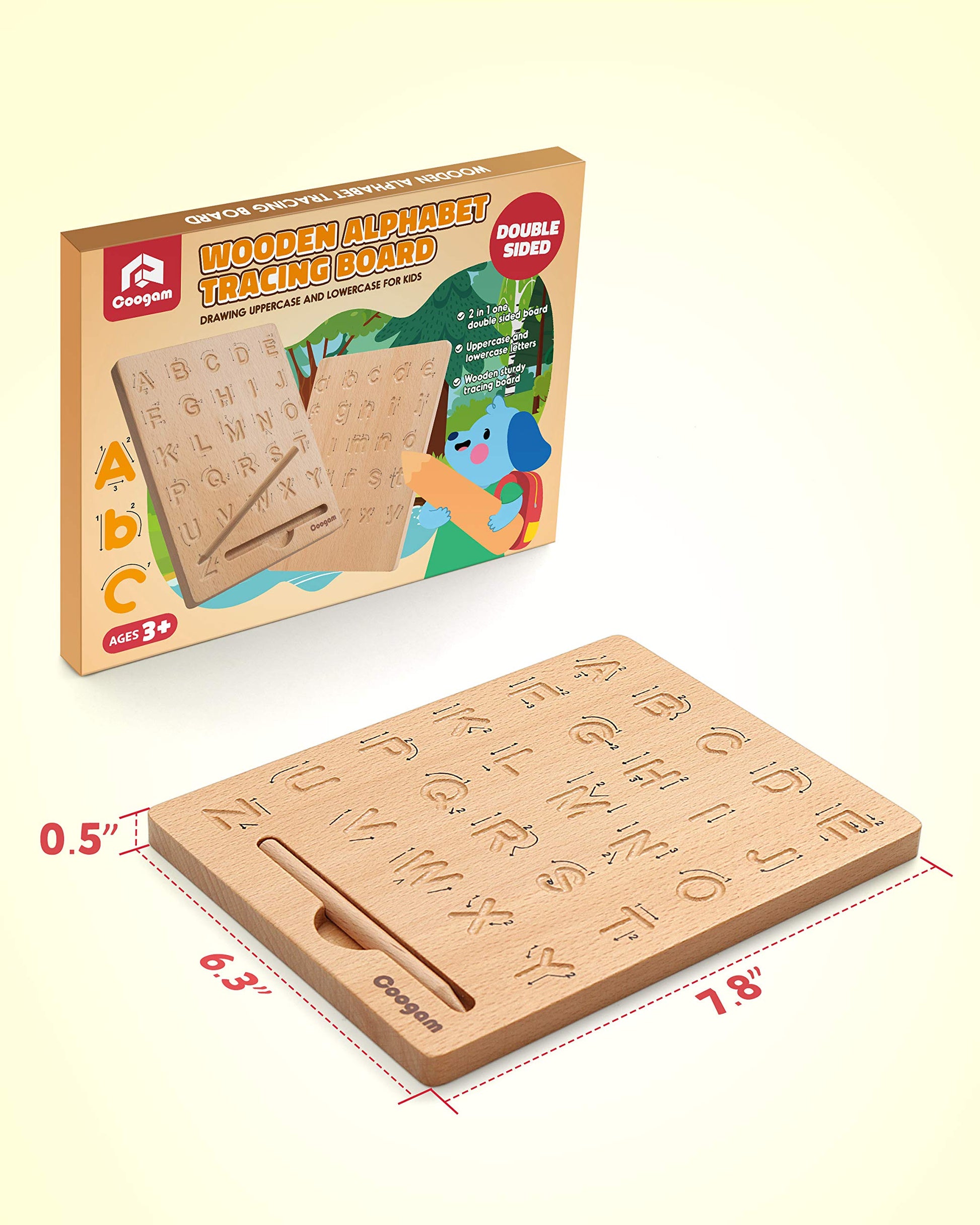 Tactile sensory learning experience using fingertips on the Coogam wooden letter board