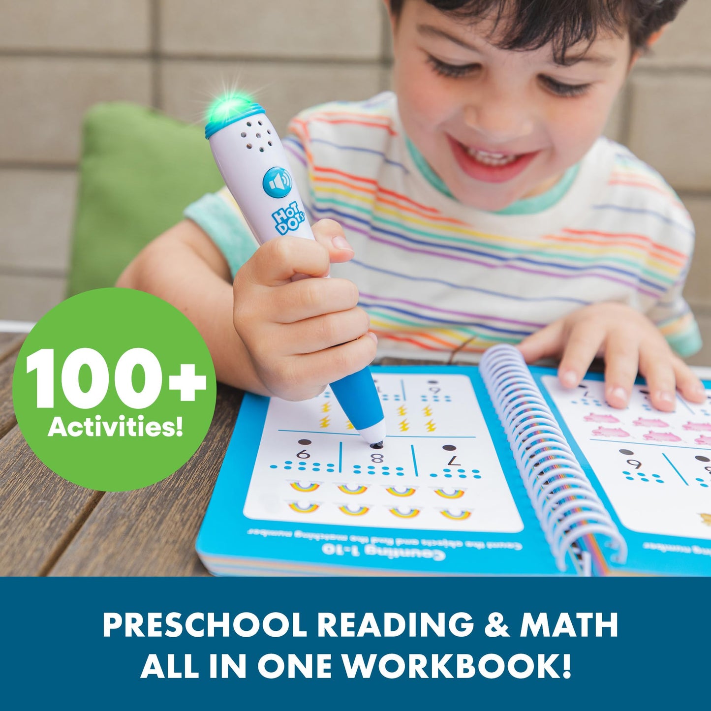 Close up of a child using the interactive Hot Dots smart pen on the preschool reading workbook page