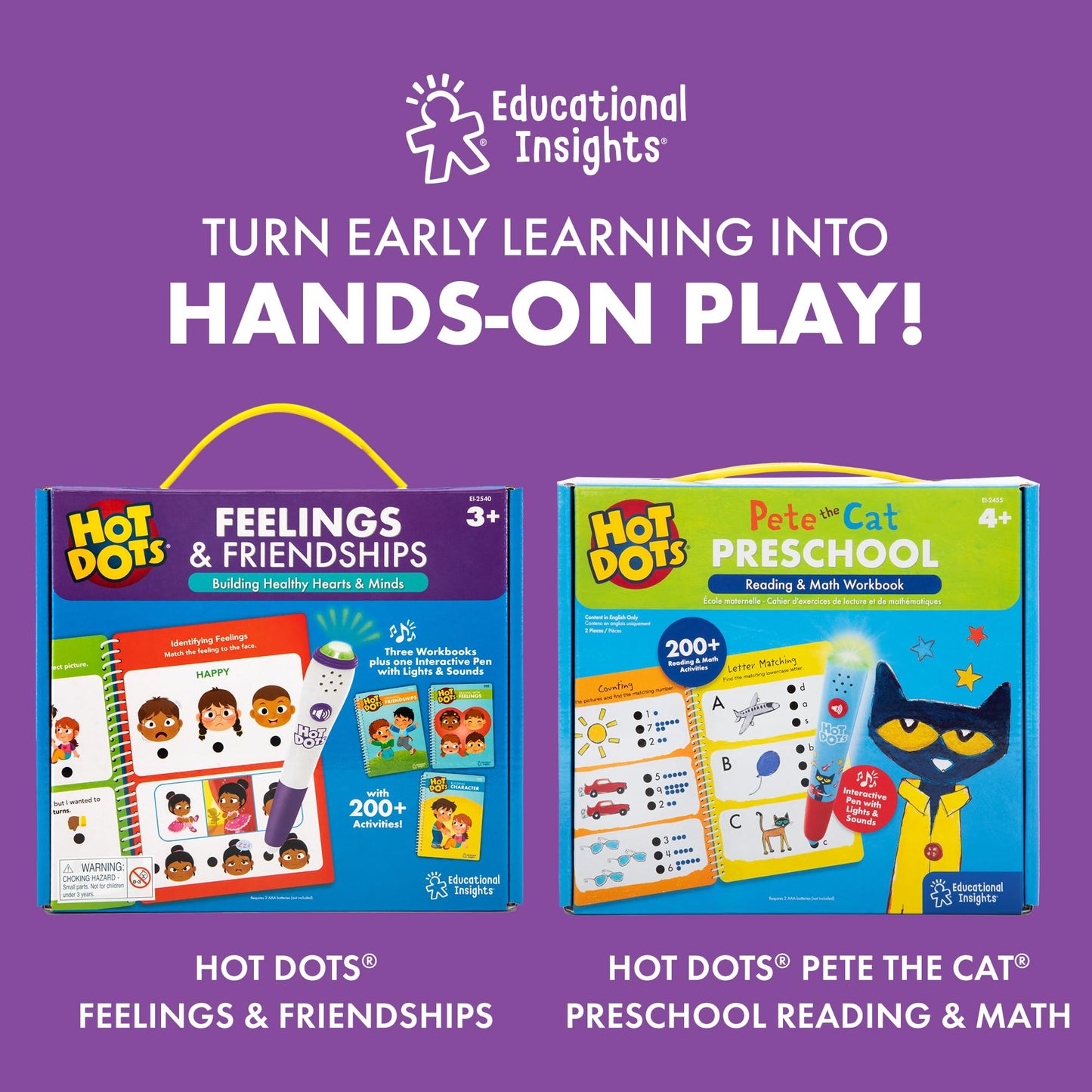 Two spiral bound preschool activity books for math and reading displayed next to the interactive learning pen