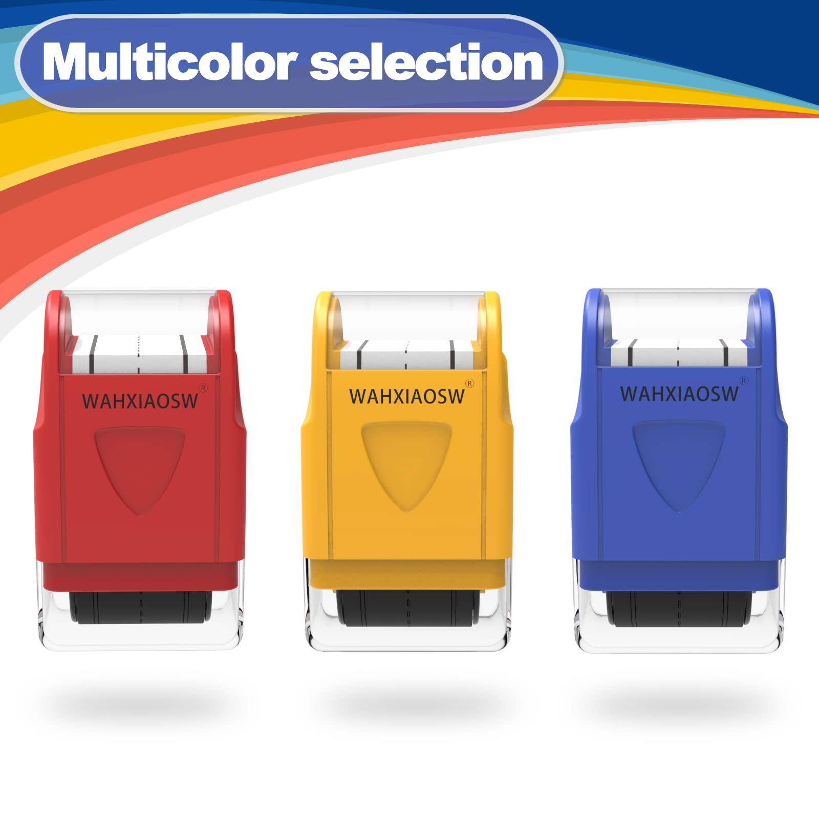 WAHXIAOSW premium self-inking stamp package including the blue roller tool and extra refill ink.