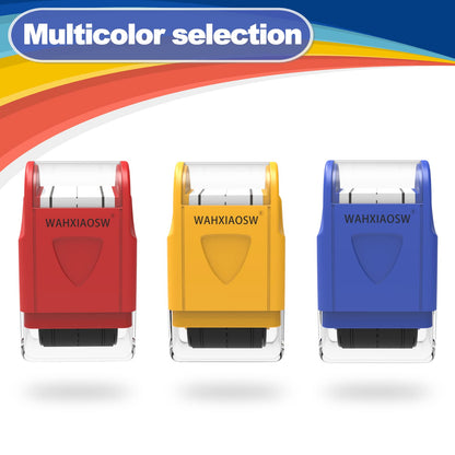 WAHXIAOSW premium self-inking stamp package including the blue roller tool and extra refill ink.
