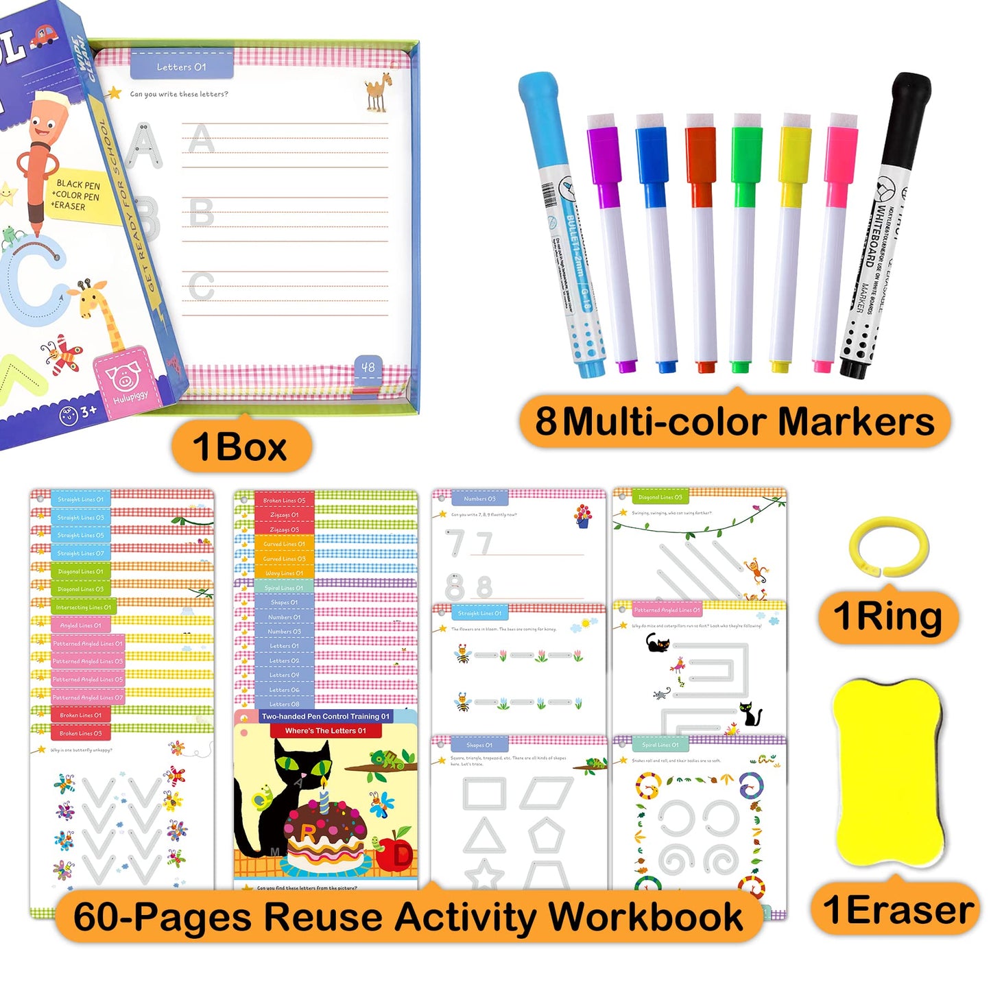 Hulupiggy handwriting practice workbook showing thirty double-sided boards secured with an organizing book ring