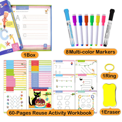 Hulupiggy handwriting practice workbook showing thirty double-sided boards secured with an organizing book ring