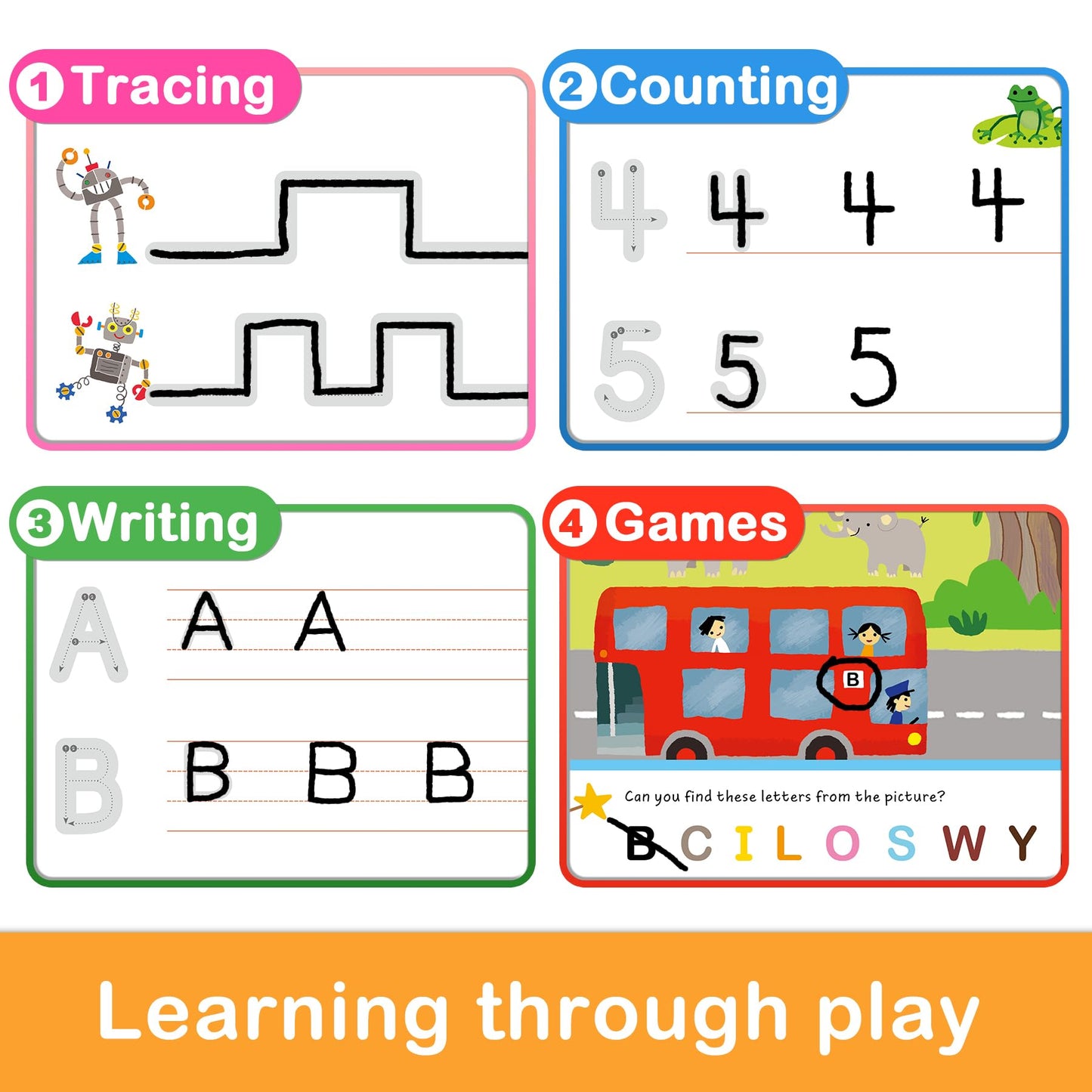 Montessori fine motor skill development boards featuring colorful illustrations of animals and fruits with tracing arrows