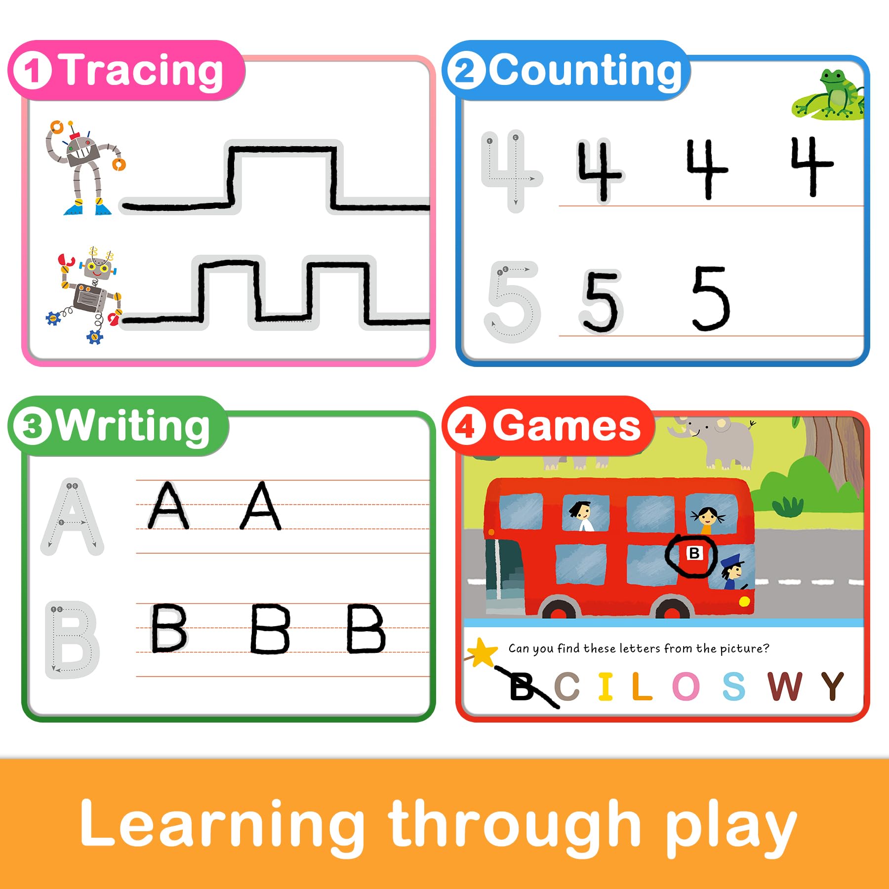 Montessori fine motor skill development boards featuring colorful illustrations of animals and fruits with tracing arrows