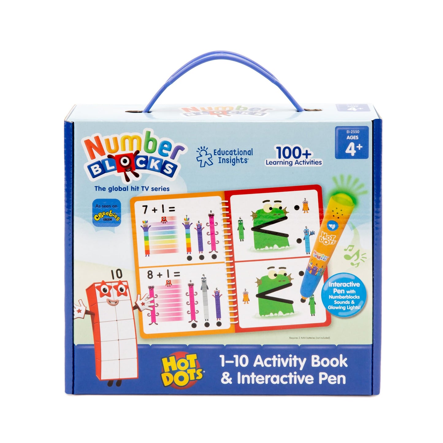 Numberblocks early math activity book opened with electronic pen touching an answer dot