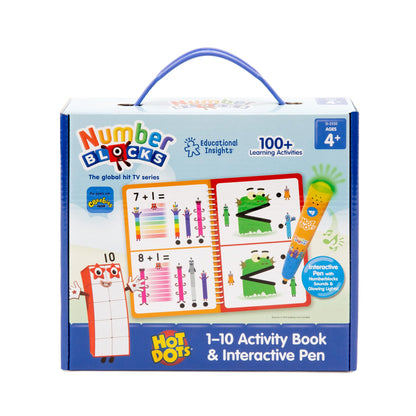 Numberblocks early math activity book opened with electronic pen touching an answer dot