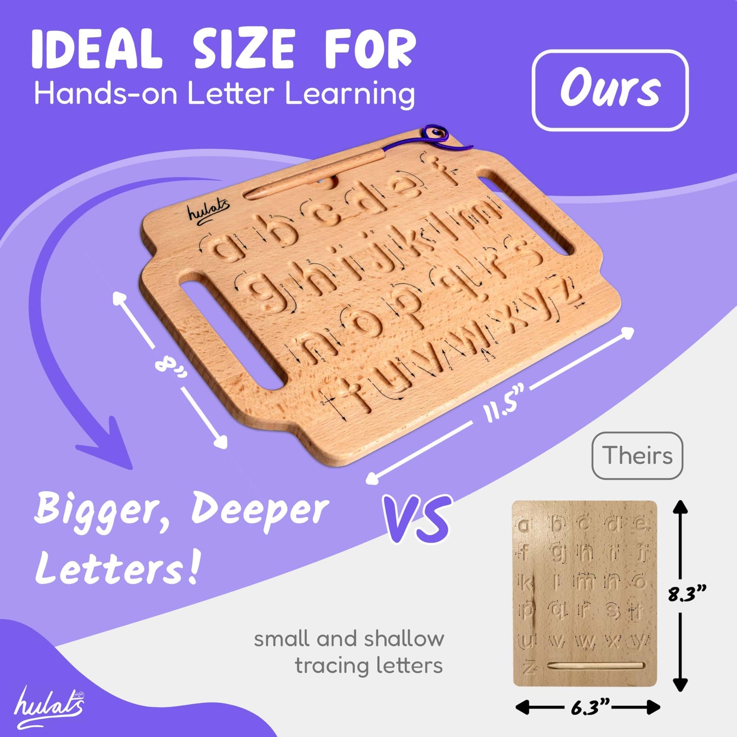 Hulats Montessori toy for letter tracing with attached wooden stylus pen close up