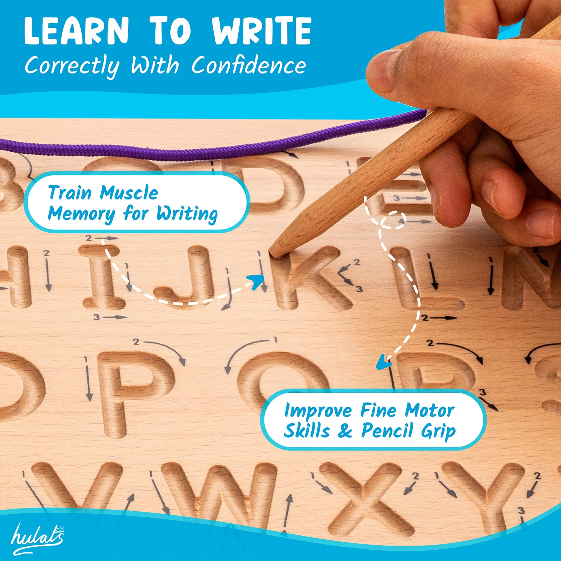Hulats preschool handwriting board showing deep engraved grooves and directional arrows