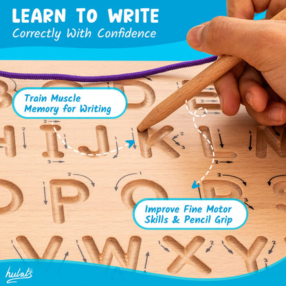 Hulats preschool handwriting board showing deep engraved grooves and directional arrows