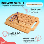 Hulats wooden alphabet learning tool displaying the convenient built in carry handles