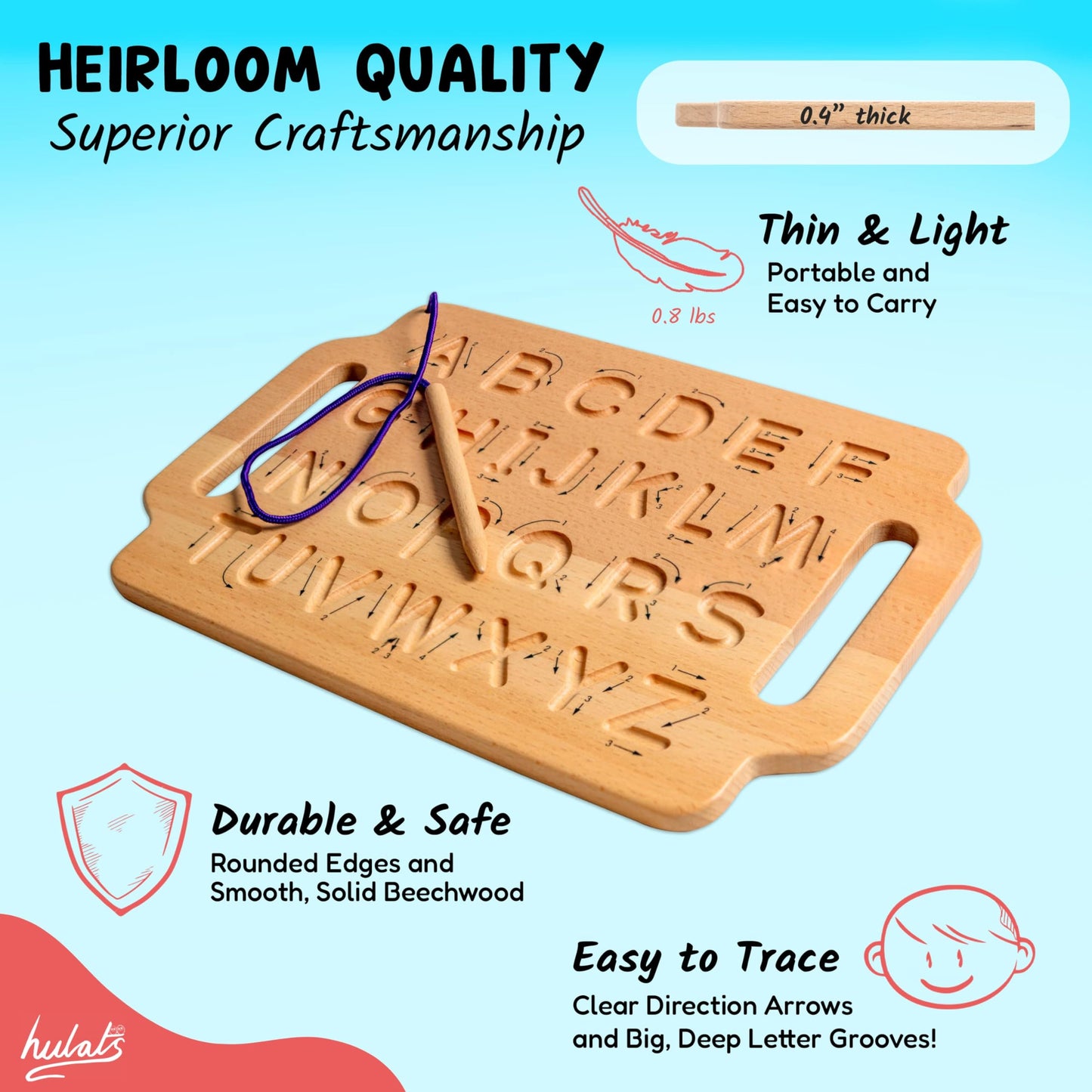 Hulats wooden alphabet learning tool displaying the convenient built in carry handles