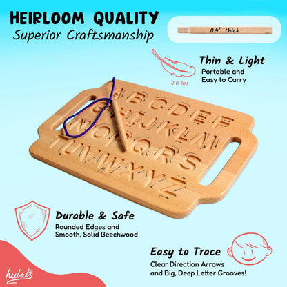 Hulats wooden alphabet learning tool displaying the convenient built in carry handles