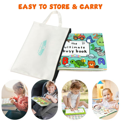 Pre-assembled cartoon accessories and eight colored erasable markers included with the BenBen quiet book.