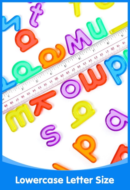 Shatterproof plastic lowercase letters glowing on an educational light table setup.