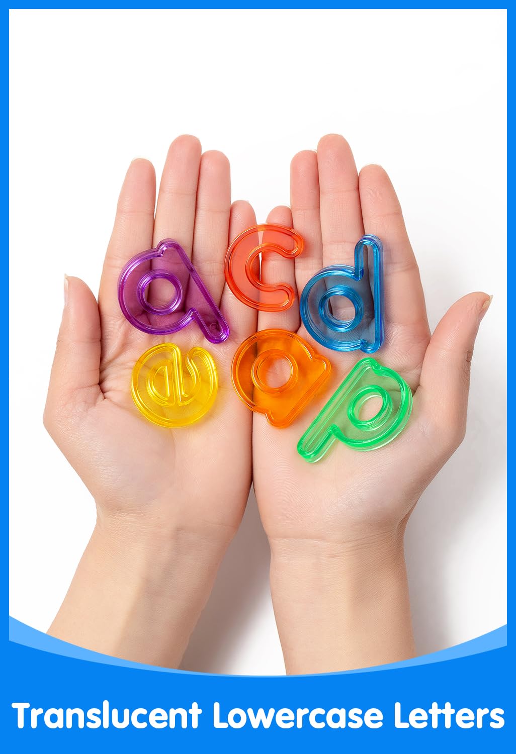 Toddler hand holding a two inch translucent plastic letter showing the raised edge design.