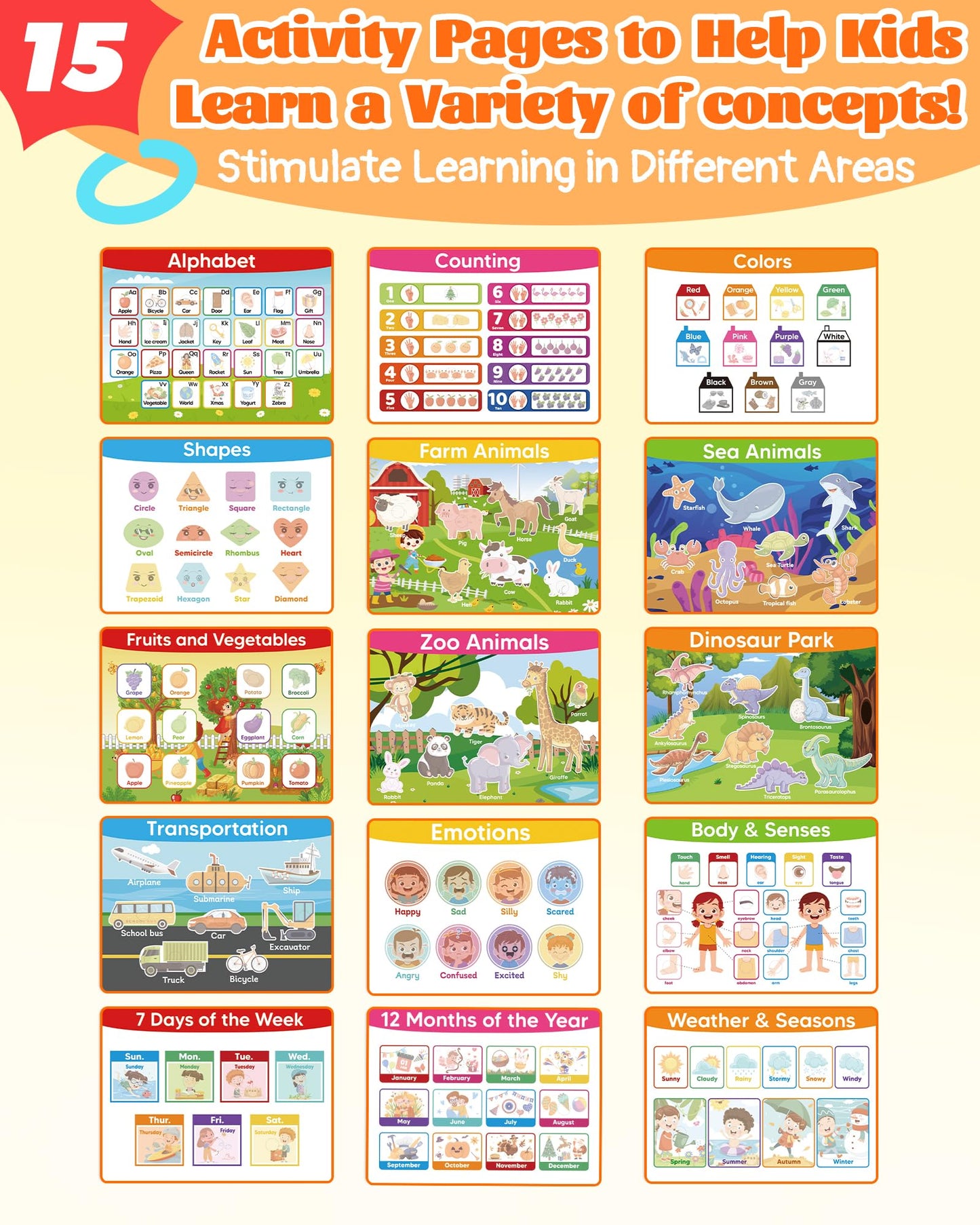 Montessori busy book pages showing alphabet and number matching activities for kids