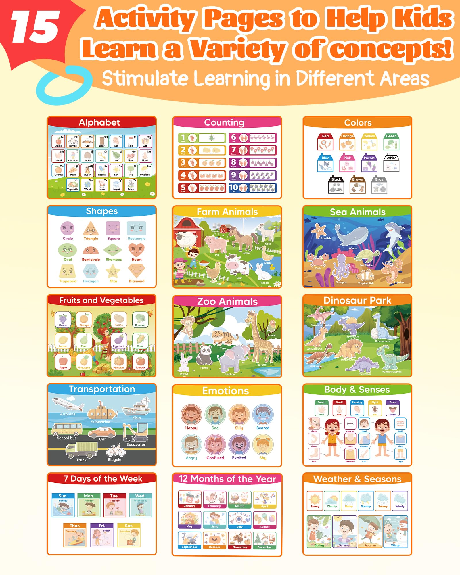 Montessori busy book pages showing alphabet and number matching activities for kids