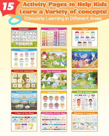 Montessori busy book pages showing alphabet and number matching activities for kids
