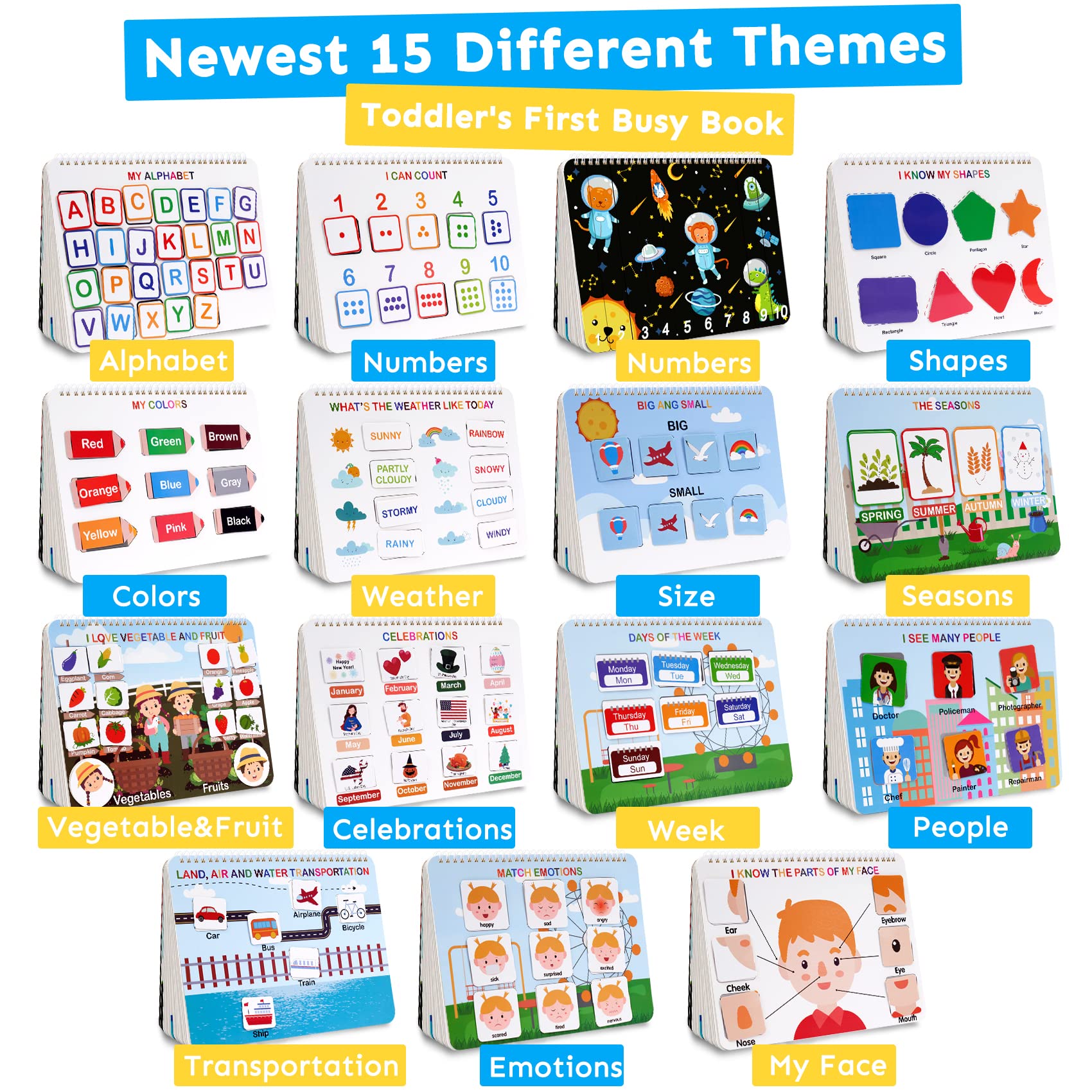 HAN-MM preschool workbook open layout displaying alphabet and number matching velcro pieces.