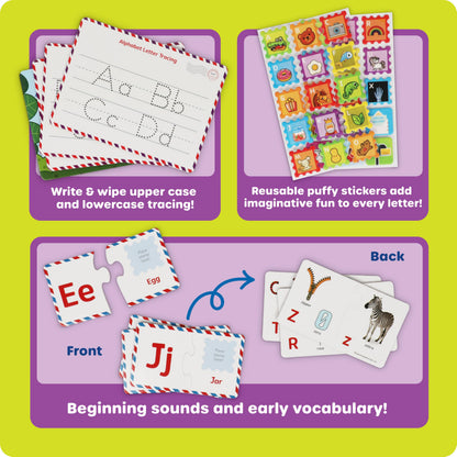 Alphabet Learning Mailbox set displaying twenty-six double-sided uppercase and lowercase letter puzzle pieces spread out.