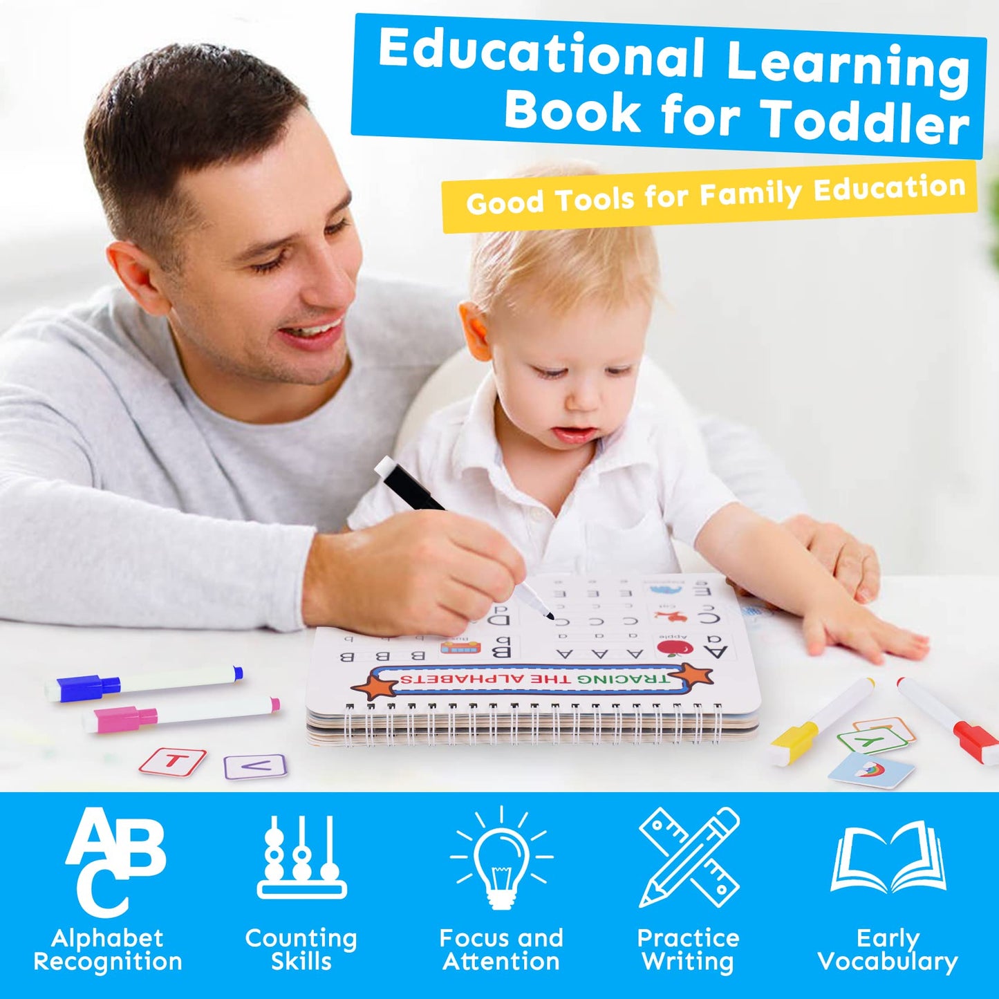 Toddler sensory toy contents showcasing thirty learning themes and eight colored pens.