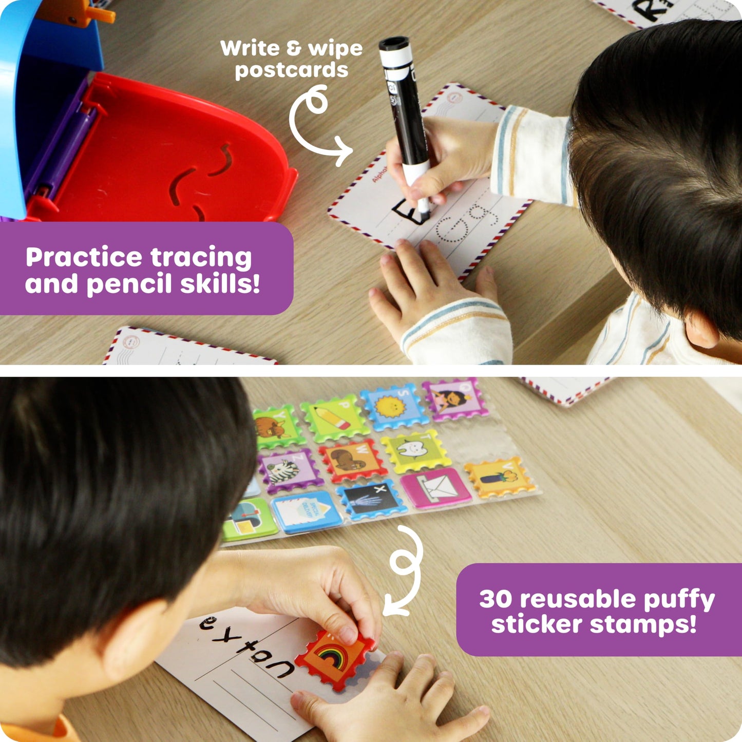 Learning Resources preschool toy showing five double-sided write and wipe postcards for toddler handwriting tracing practice.