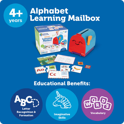 A child using the Learning Resources alphabet mailbox to sort letter puzzle cards and develop fine motor skills.