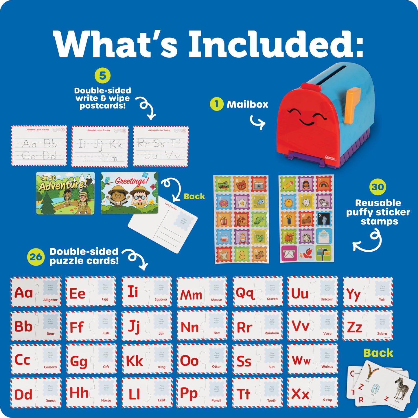The complete sixty-two piece Learning Resources alphabet learning mailbox set packaged and displayed clearly.