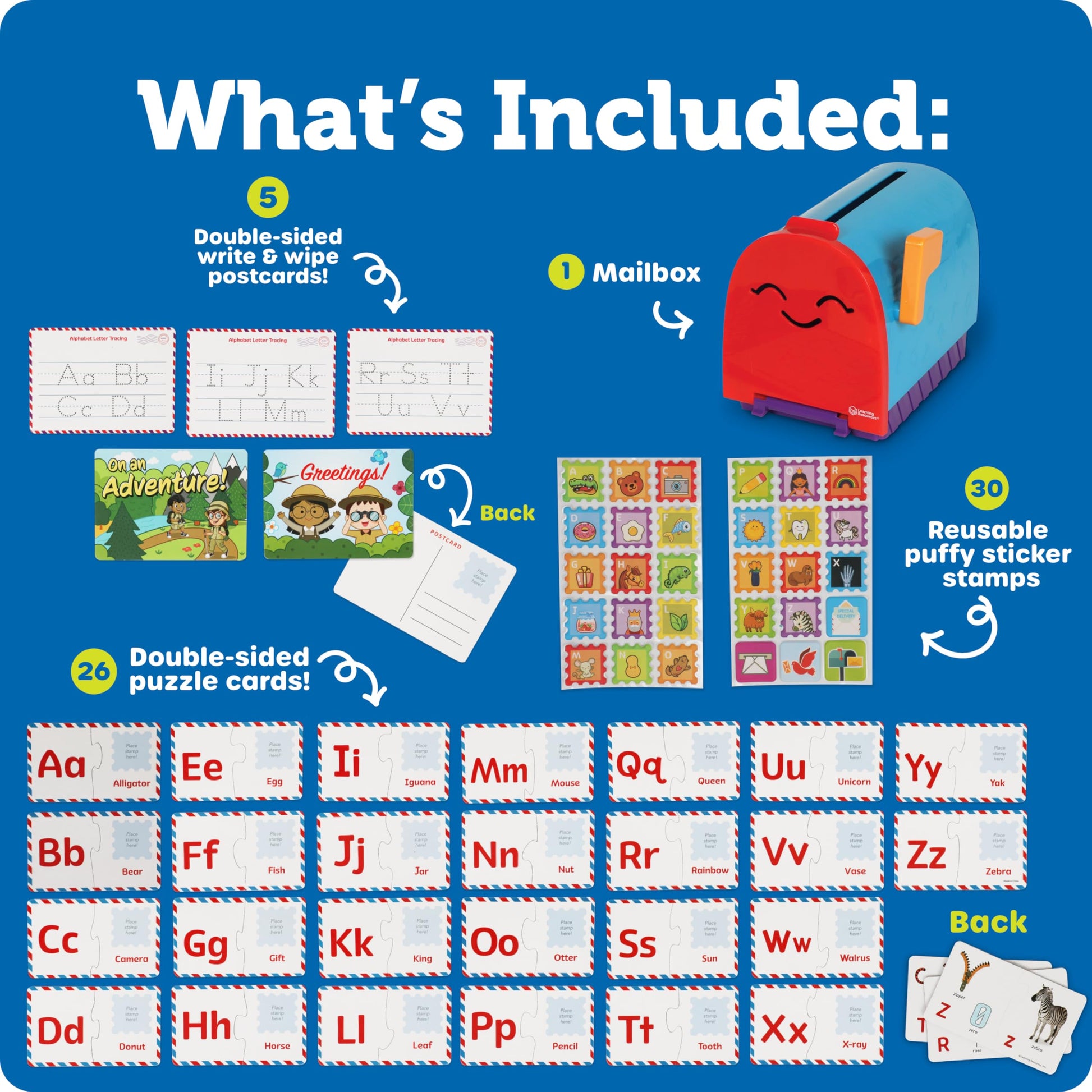 The complete sixty-two piece Learning Resources alphabet learning mailbox set packaged and displayed clearly.