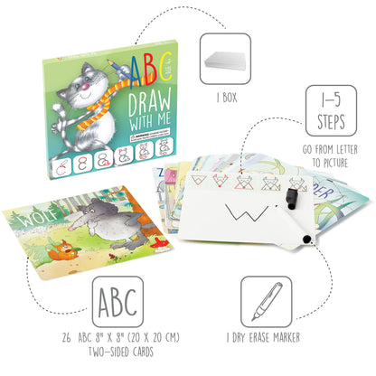 Wipe clean alphabet learning cards spread out showing step by step drawing instructions for kids.