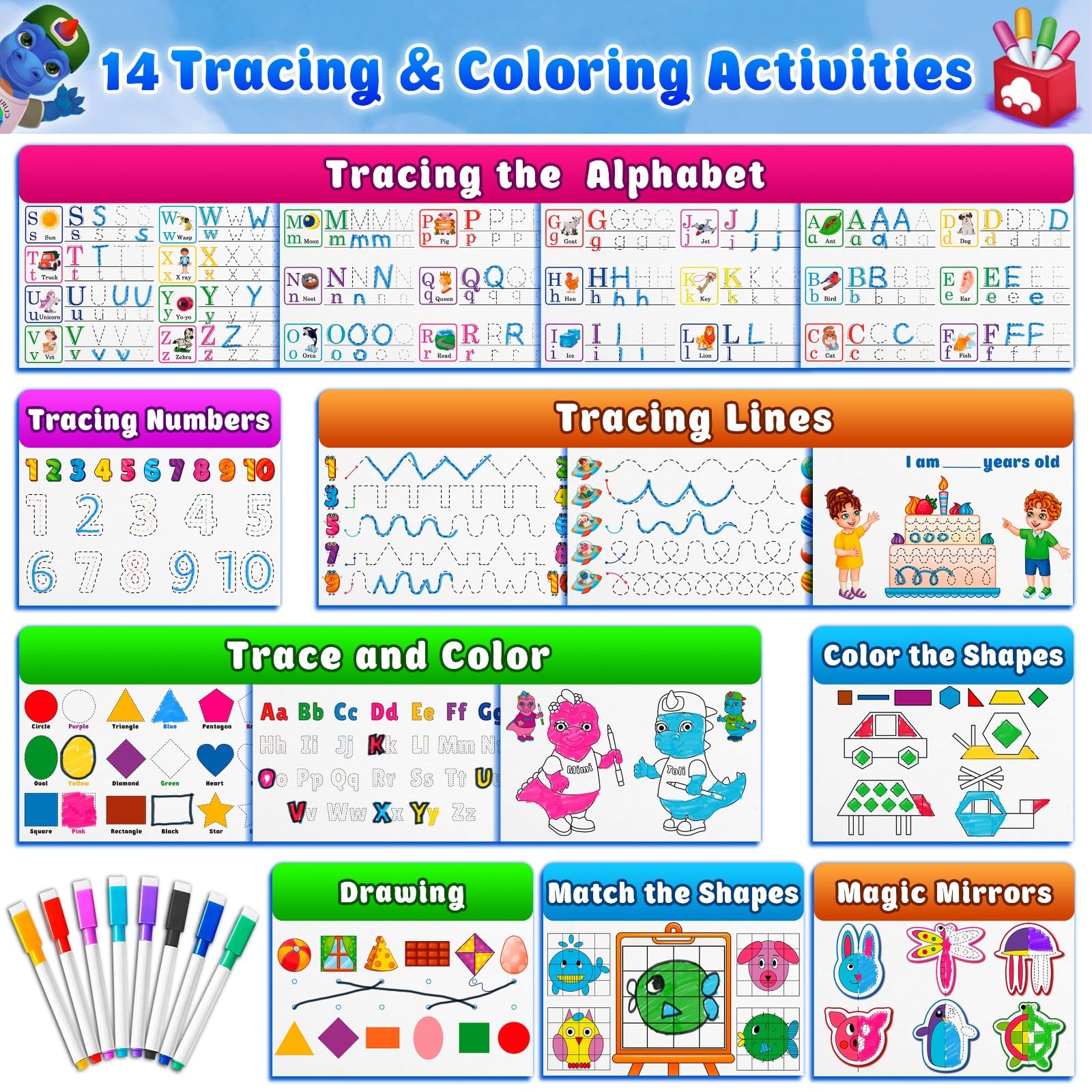 Curious 2 Learn preschool activity book with eight dry erase markers on display