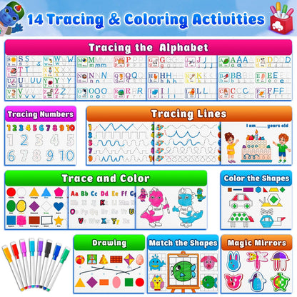 Curious 2 Learn preschool activity book with eight dry erase markers on display