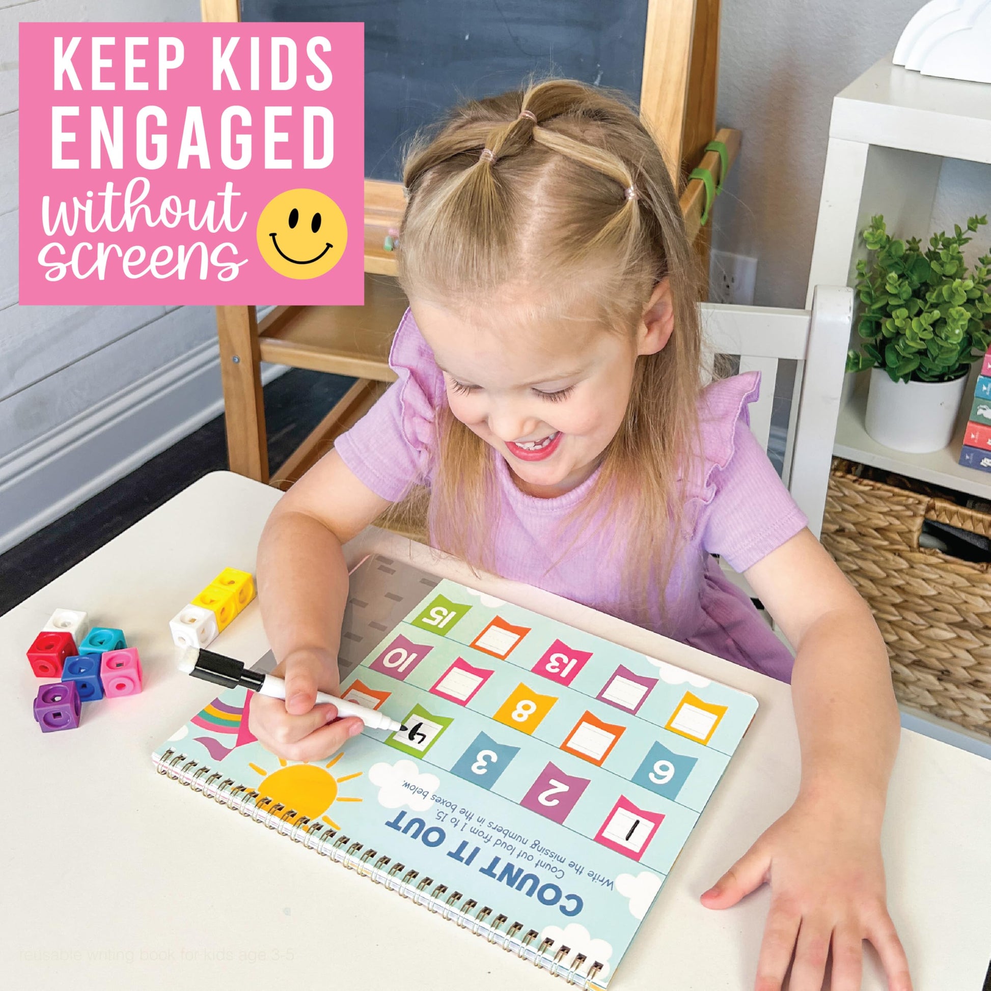 Hadley Designs handwriting activity book displaying the number counting and matching exercises for kids.