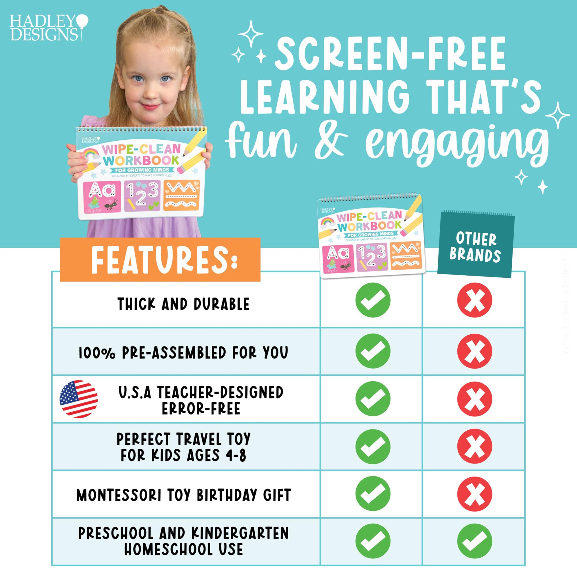 Hadley Designs kindergarten preparation workbook showing fine motor skill building line exercises.