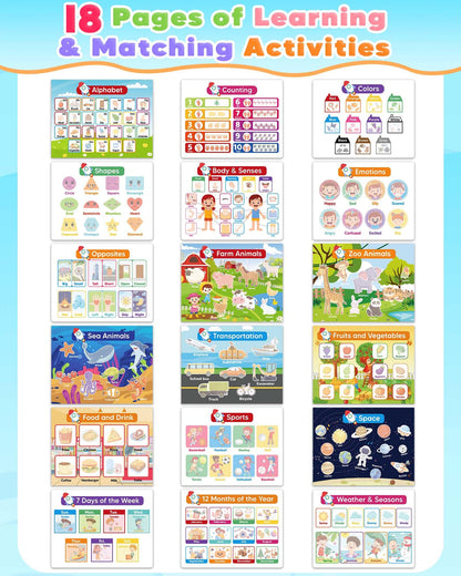 Open pages of the toddler activity binder demonstrating alphabet and shape matching exercises.