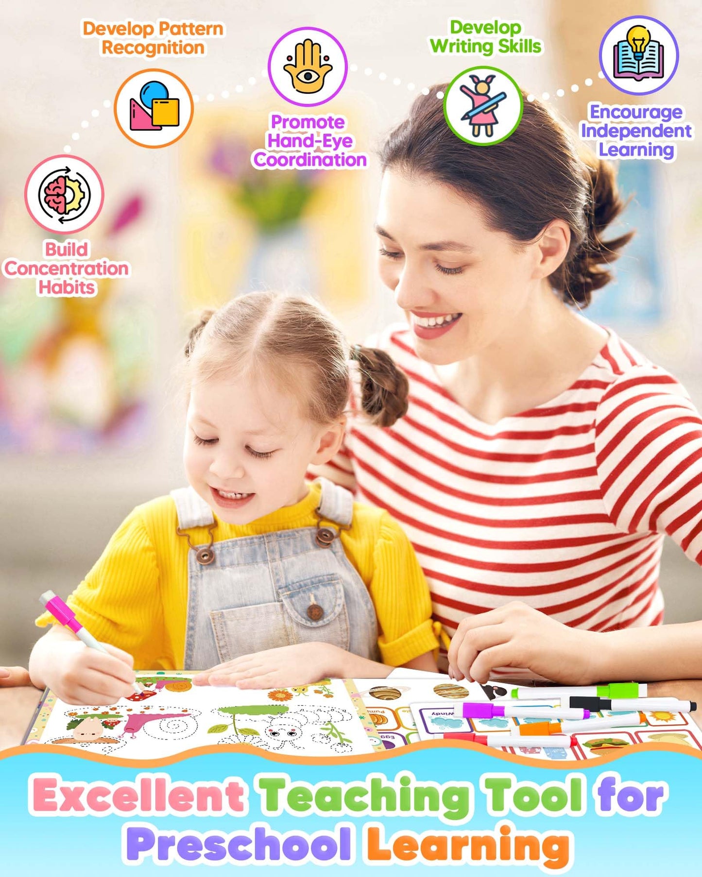 Demonstration of a child using tracing and coloring markers on the reusable workbook pages.